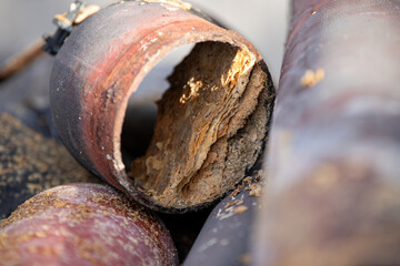 Gros plan sur l'intérieur de vieilles canalisations d’évacuation d'eau. Les tuyaux sont obstrués, leurs intérieurs sont remplis de couches de calcaire comme un millefeuille.