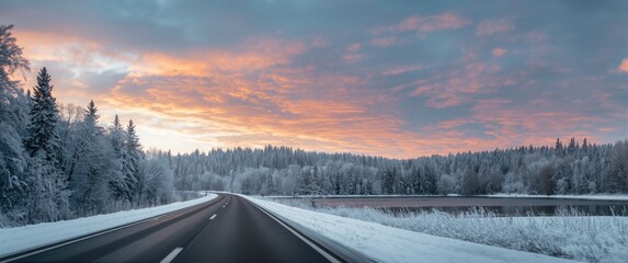 Obraz premium A winter scene displaying the beauty of nature, with a snowy forest and vibrant skies and water in the background, offering a breathtaking view as you go down th
