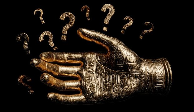 Golden hand emerging, surrounded by question marks, on a black background