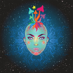Vector illustration of a woman with mushrooms in a New Age psychedelic style. Concept of psilocybin, consciousness expansion, yoga, spirituality, and hippie culture with symbolic, colorful details.