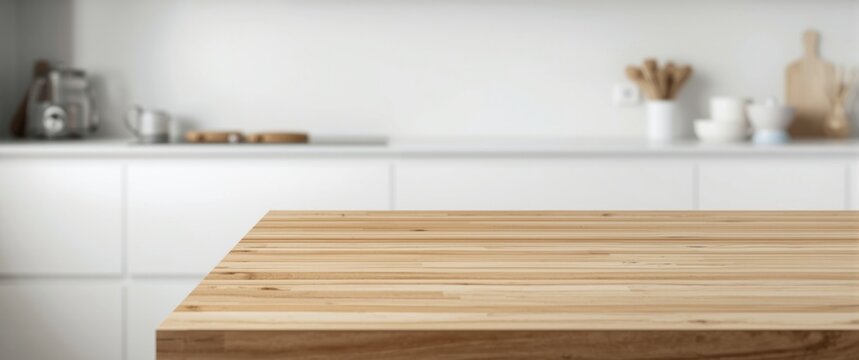 Wooden table or countertop corner in a white modern kitchen setting with blurred background