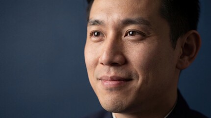 Asian man smiling thoughtfully, looking away from camera Adult male portrait with subtle expression