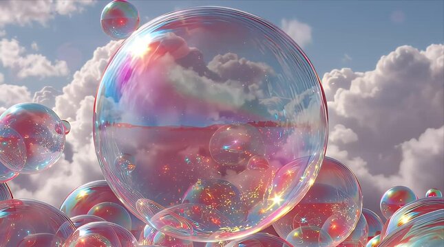 虹色に輝くシャボン玉が積雲を背景に浮かぶ幻想的な3Dアート