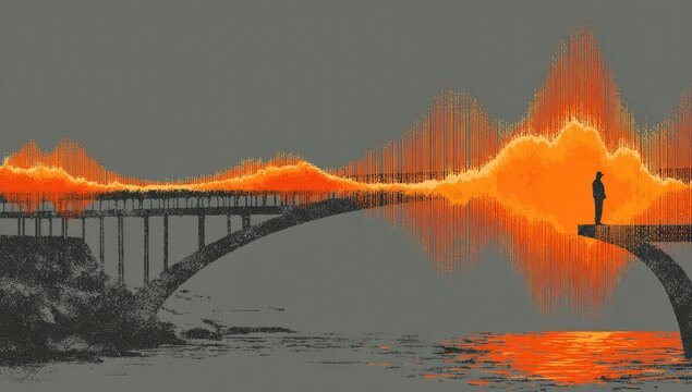 Illustration of a person on a bridge, with vibrant soundwaves merging into the structure