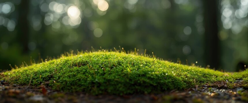 Product display against a natural background featuring green moss and bokeh lights