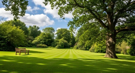 A Serene Park View With Manicured Lawn Bench And Lush Green Trees Under Blue Sky