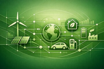 Abstract green technology network visualization, clean geometric lines forming energy flow connections, balanced composition, realistic depth, soft gradients.