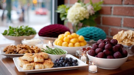 Vibrant paper rosettes and fans in crimson and teal amid a colorful food arrangement
