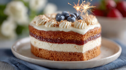 Festive american flag layer cake with sparklers on pedestal stand
