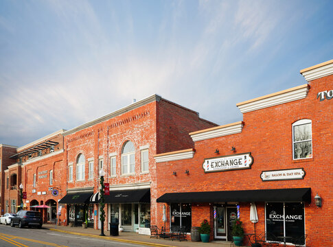 Apex, NC - USA - 12-24-2025: Shops and restaurants on Salem Street in downtown Apex , in Wake County North Carolina