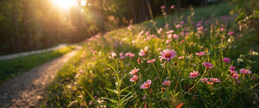 Nature's splendor along a summer hiking path with blooming flowers