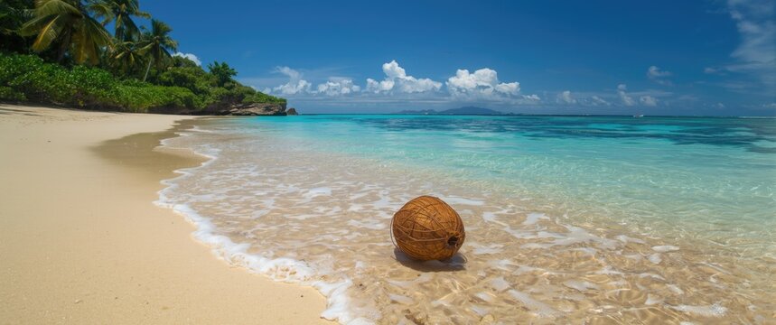 On Kadavu Island in Fiji, a coconut (Cocos nucifera) is found washed ashore on a stunning sandy beach, showcasing the dispersal of coconut palms across the South Pacific.