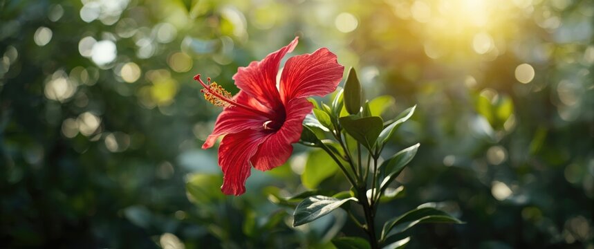 Kembang sepatu, a stunning red hibiscus (Hibiscus rosa-sinensis), known as Hawaiian hibiscus and rose mallow