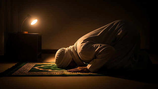 A man in traditional Islamic attire prostrating on a prayer mat in a dimly lit room, illuminated by a single lamp, conveying a sense of devotion and spirituality.