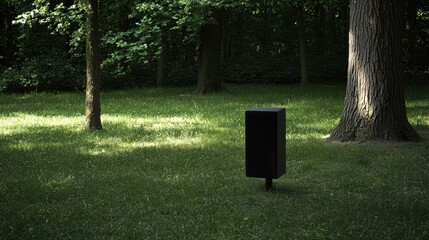 A black speaker on a black stand in a grassy field.