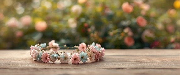 Floral wreath decoration featuring artificial flowers on wooden surface