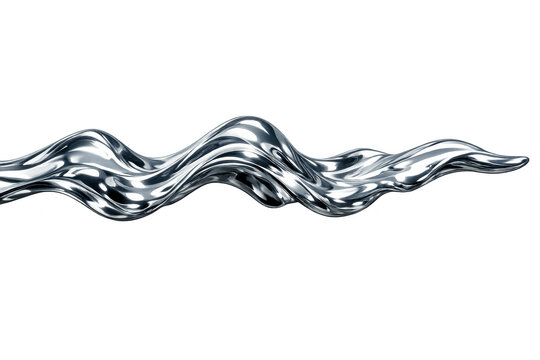 Liquid chrome metal wave flowing, abstract silver fluid splash creating wavy shape on transparent background