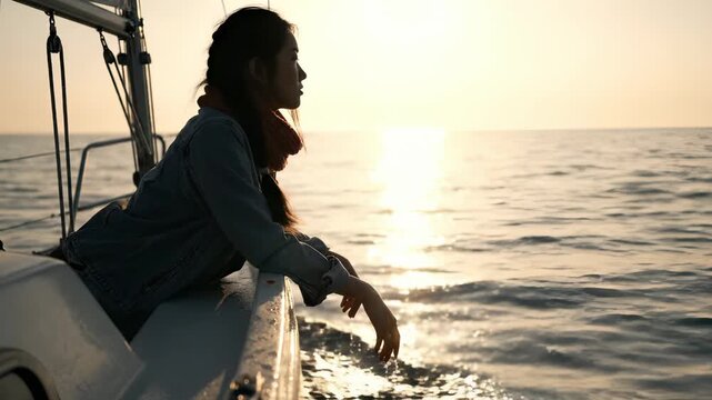 woman leans on boat deck by ocean at sunset. hand touches water while sailing. travel and leisure lifestyle captured during sea voyage. sky meets horizon. sunlight casts reflection on ocean waterline.