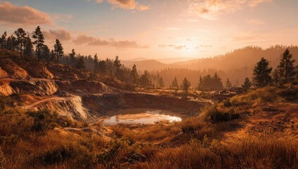 A scenic vista of a mountain landscape with golden hour light illuminating the natural terrain