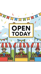 Naklejka premium Vibrant Farmers Market Scene: Open Sign Welcomes Shoppers for Fresh Produce Shopping Experience