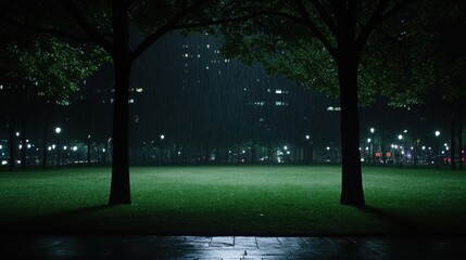 A park at night with trees and a wet grassy area.