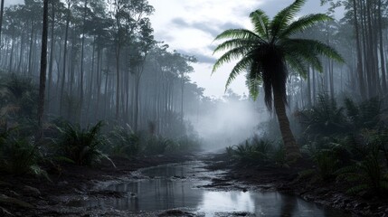 A tropical forest with a winding stream and a towering palm tree.