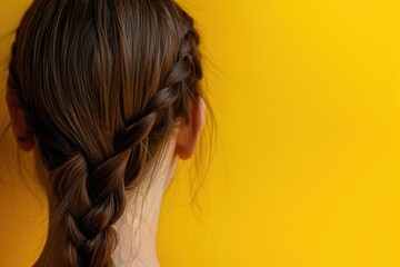 Naklejka premium Close up of brown braid hairstyle on a yellow background, showcasing hair care and beauty