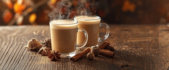 Warm chai tea infused with milk and winter spices in glass mugs