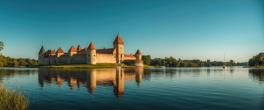 Water and sky at Malbork castle during summer, travel, landscape, old European architecture