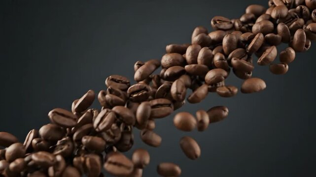 Aromatic coffee beans cascade against a dark backdrop, perfect for illustrating coffee culture.