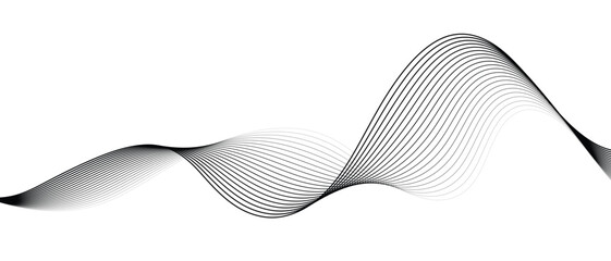 Abstract black flowing wave lines background with smooth curved linear stripes, modern wavy motion pattern, monochrome soundwave on white background for technology and creative layouts