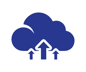 Simple blue cloud upload icon graphic represents data transfer and file synchronization isolated on a transparent background.