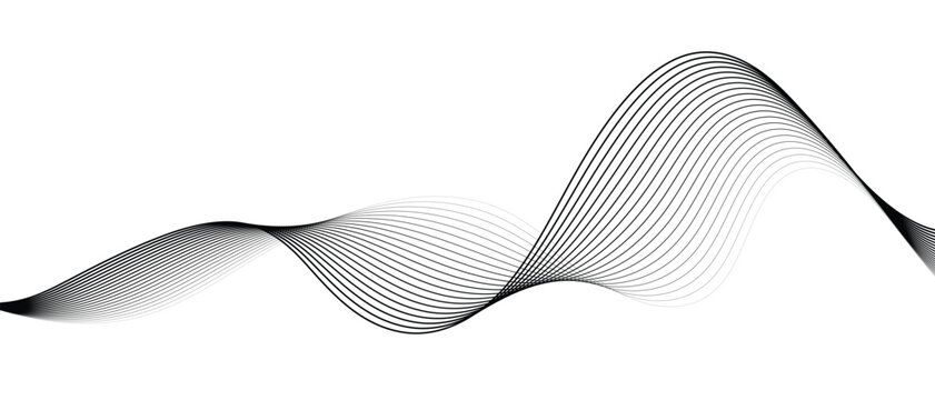 Abstract black flowing wave lines background with smooth curved linear stripes, modern wavy motion pattern, monochrome soundwave on white background for technology and creative layouts