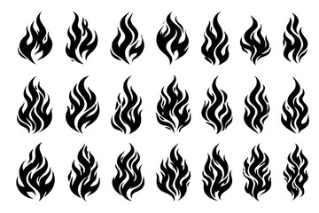 Collection of black flame silhouettes in varied shapes, isolated on white background. Concept of fire, heat energy, danger warning, passion and power for logos and tattoos.