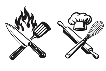 Two cooking logo icons: crossed knife and spatula with flames, and crossed rolling pin and whisk with chef hat. Bold black silhouette for restaurant, bakery, or grill branding.