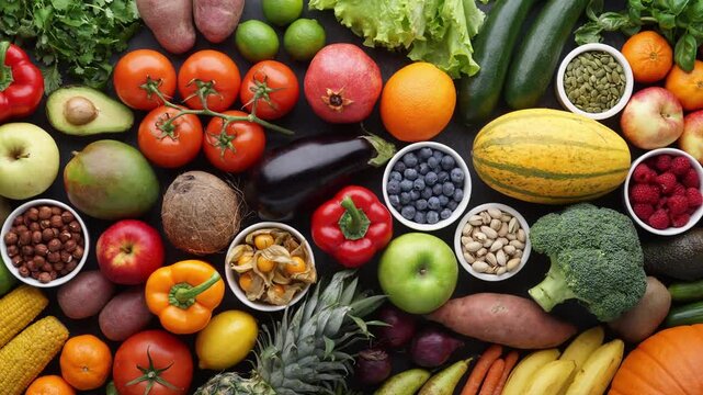 Healthy eating ingredients: fresh vegetables, fruits and superfood. Nutrition, diet, vegan food concept.