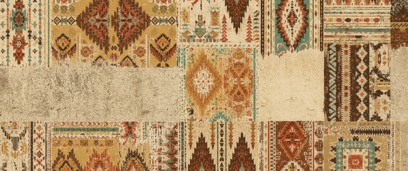Abstract 2D Native American fabric patchwork wallpaper featuring seamless pattern and grunge effect in a separate layer