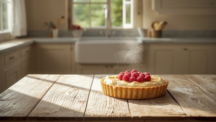 Sour cream souffle topping on an open raspberry tart with shortbread crust, emphasizing dessert assembly and berry ingredients, National Dessert Day