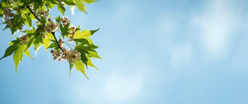 Ash Maple Branch in Spring Featuring Blossoms and Leaves Against a Clear Blue Sky