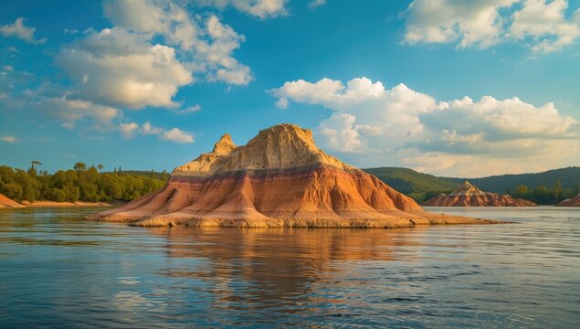 Vivid rainbow-colored shoreline beside a river in a Yardang environment with wind-carved rock formations, geological features