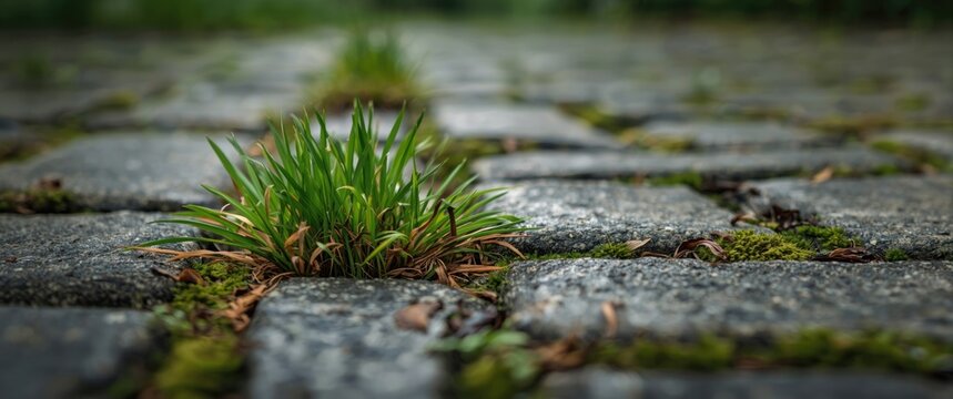 Bunch of green grass and moss in the seams of cobblestones on a garden path