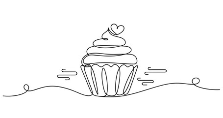 Minimalist line art cupcake design with heart-shaped topper on white background. No editable strokes