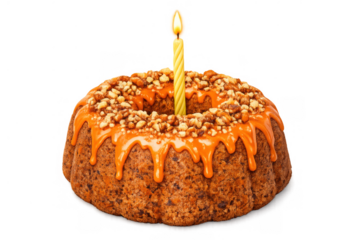 Bundt cake with caramel sauce, chopped nuts, and a lit birthday candle, celebrating a special occasion