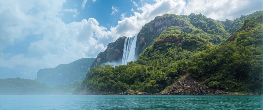 See the spectacular Angel Falls (Salto Angel), standing at 978 meters as the tallest waterfalls in the world, under a sunny sky in Venezuela, South America