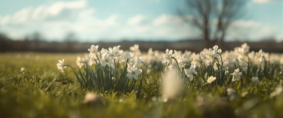Sunlit Narcissus Flowers Bed With