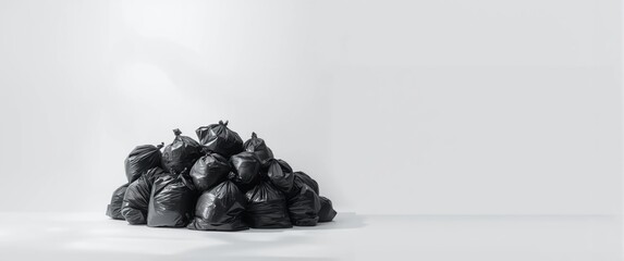 Waste background featuring garbage bag, black bin, trash dump, plastic bags, and rubbish texture