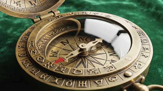 Old compass resting on an antique map showing classic navigation and travel