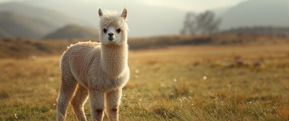 Obraz premium An alpaca featuring a dense, soft fur, a distinctive haircut, and eyes gazing into the distance