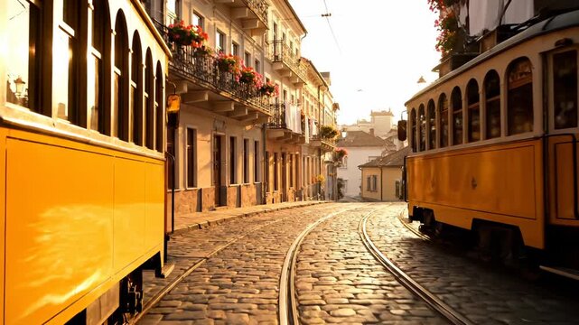 tram rests on cobblestone street beside building with balcony and flower under window. tramcar aligns with track in sunlight. curve in rail leads into urban alley with historic architecture.