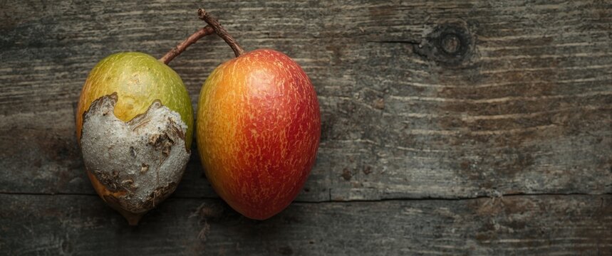 Healthy Green and Ripe Red Mango with Rotten Mango on Wooden Background